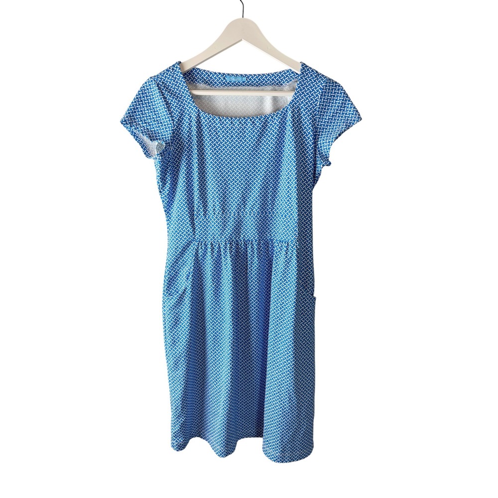 J.McLaughlin Blue White Geometric Catalina Cloth Square Neck Pocket Dress S